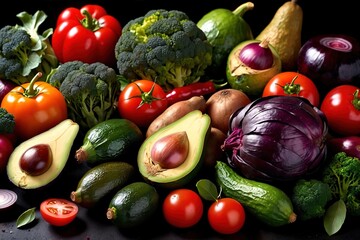Wall Mural - Variety of assorted healthy organic raw vegetables on black background