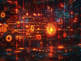software development concept with code symbols and gears illustration, ideal for tech-themed designs