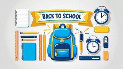 Wall Mural - Back to School In White Background Banner with Blue Backpack and School Supplies