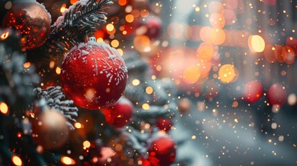 Wall Mural - Festive Christmas Tree with Red Balls on Sparkling Bokeh Background and Defocused City Street