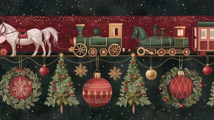 Wall Mural - Christmas themed card with ornaments featuring trees baubles a wreath train and horse