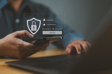 Fototapete - Cybersecurity and privacy concepts to protect data. Lock icon and internet network security technology. Businessman protecting personal data on smartphone, virtual screen interfaces. cyber security.