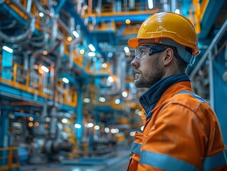 Wall Mural - Worker in an oil refinery conducting maintenance. Safety protocols, industrial machinery. Engineering concept. Minimalism,