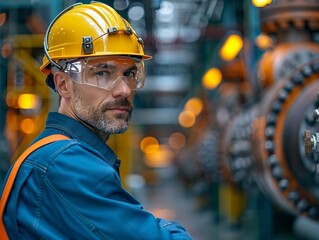 Wall Mural - Focused technician at a petroleum plant, monitoring systems. Safety helmet, industrial setting. Engineering concept. Minimalism,