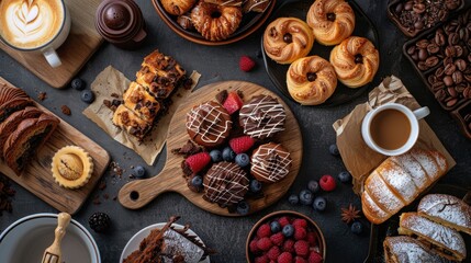 Poster - Delicious pastries sweets and coffee presented on the table food concept with a top view