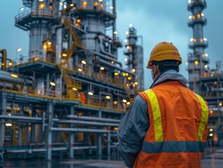 Wall Mural - Focused worker in a petroleum refinery conducting checks. Safety protocols, industrial setting. Engineering concept. Minimalism,