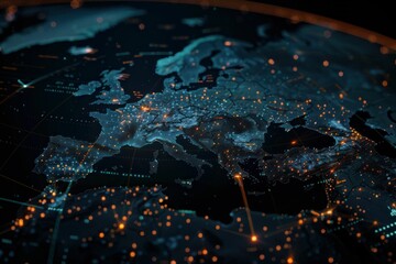 European continent illuminated network lights world map background 3d rendering for travel business and education use