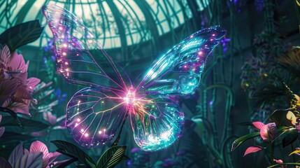 Poster - A glowing cybernetic butterfly, with transparent wings, fluttering in a neon-lit botanical dome