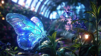 Wall Mural - A glowing cybernetic butterfly, with transparent wings, fluttering in a neon-lit botanical dome
