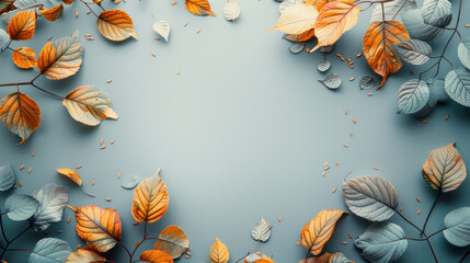 Wall Mural - A blue background with a frame of leaves and a white background. The leaves are orange and yellow