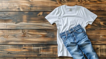 Cotton t shirt mockup with blue jeans on wooden background Top view flat lay