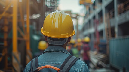 A construction worker wearing a yellow helmet and a blue jacket is walking down a street. There are several other workers in the background, all wearing hard hats. Concept of hard work