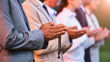 A group of people standing in a row, facing forward, with their hands together in a praying gesture. Generative Ai.