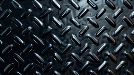 A close-up of a black diamond plate metal surface. The texture is rough and industrial, with a reflective sheen.