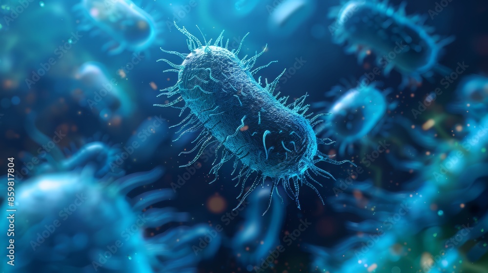 Microscopic view of bacteria, blue and detailed, with a focus on one ...
