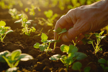 Canvas Print - a person is picking up a plant in the dirt