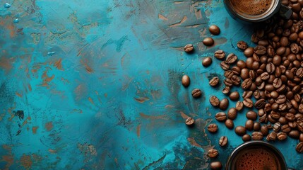 Wall Mural - Coffee beans displayed on a blue rustic table with space for text