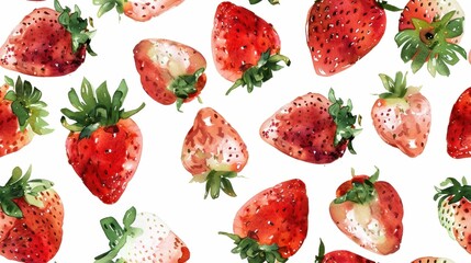 strawberry fields forever vibrant watercolor pattern of fresh berries and leaves on white background