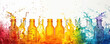 © BOW_NAPASORN - A row of colorful bottles with water splashing out of them. The bottles are arranged in a rainbow pattern, with each bottle having a different color. Concept of fun and excitement