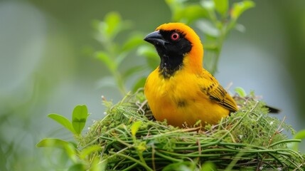 Wall Mural - African southern masked weaver, Ploceus velatus, build the green grass nest. Yellow birds with black head with red eye, animal