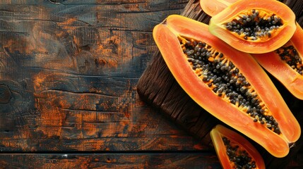 Wall Mural - Fresh papaya slices on wooden surface Overhead view with space for text