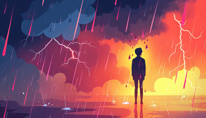 Wall Mural - Heartbreak is the storm that rages within: Depict a person standing in a storm, with rain representing tears and lightning symbolizing emotional turmoil, symbolizing the internal pain of heartbreak