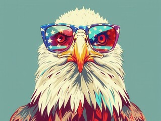 Patriotic Bald Eagle with American Flag Sunglasses - Vector Illustration for USA Independence Day Promotions as 4th of July