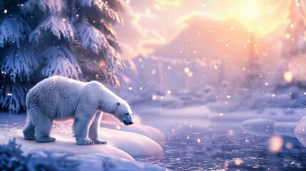 Wall Mural - Christmas polar bear in the winter landscape. Polar bear santa. Magical christmas scenery