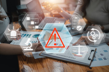 Incident Management Concept - Business Team Analyzing Data with Warning Symbols and Digital Icons Representing Risk, Alert, and Workflow Optimization in a Modern Office Environment