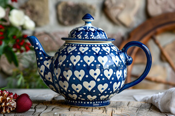 Wall Mural - a blue and white teapot sitting on a table