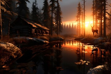 Wall Mural - Beautiful sunset over the lake in the woods. Panorama.