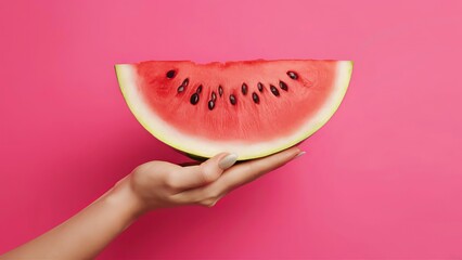 Fresh summer watermelon in a woman's hand isolated on a bright pink background, concept of healthy lifestyle and benefits of refreshing fruit