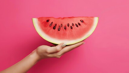 Wall Mural - Fresh summer watermelon in a woman's hand isolated on a bright pink background, concept of healthy lifestyle and benefits of refreshing fruit