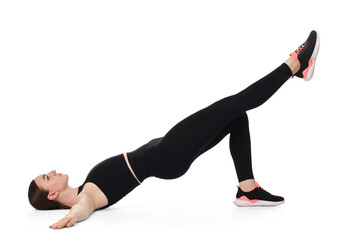 Wall Mural - Young woman doing aerobic exercise on white background