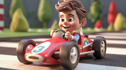 Wall Mural - A 3D cartoon of a smiling boy in a blue shirt and jeans, driving a red race car.