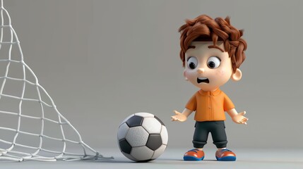 Sticker - A 3D cartoon boy looks shocked as a soccer ball rolls toward him.