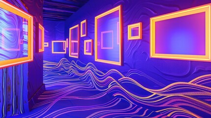 An avant-garde gallery with optical illusion frames on a wave-patterned deep purple wall, each frame glowing under UV light for a surreal visual effect