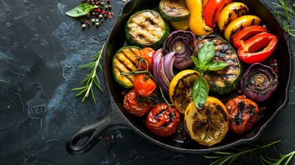 Wall Mural - Grilled assorted vegetables in cast iron pan on dark background, with copy space