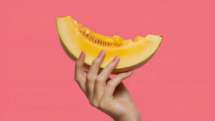 Wall Mural - Fresh summer melon slice of yellow color in a woman's hand isolated on a bright pink background, the concept of a healthy lifestyle and the benefits of refreshing fruits and diet