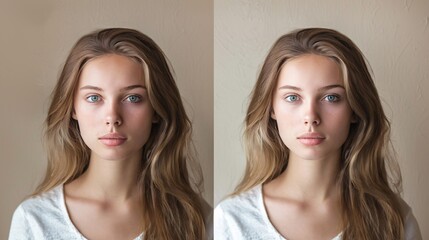 Before and after retouching. Portrait of beautiful young woman looking at camera.