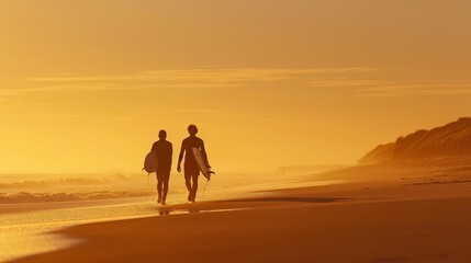 Wall Mural - Silhouette of two surfers walking on the beach at sunset.