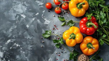 Poster - A close up of a variety of vegetables including peppers, tomatoes, and parsley. Concept of freshness and abundance, with the vegetables arranged in a visually appealing manner