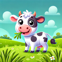 cute cow in the farm eating illustration 2d