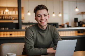 Wall Mural - Happy young boy working with a laptop at a beautiful cozy cafe with copy space.