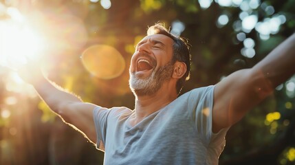 Canvas Print - A man with a beard laughs joyfully with his arms raised in the air.