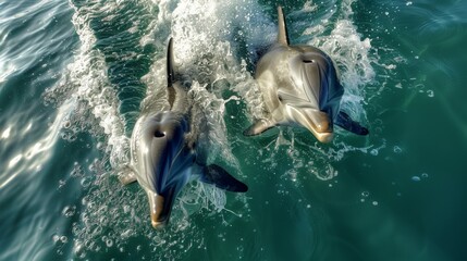 Canvas Print - High angle view of two Bottlenose Dolphins, tursiops truncatus, swimming close to surface