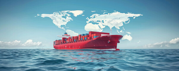 A large red ship is sailing in the ocean with a world map in the background. The ship is carrying cargo and is surrounded by water