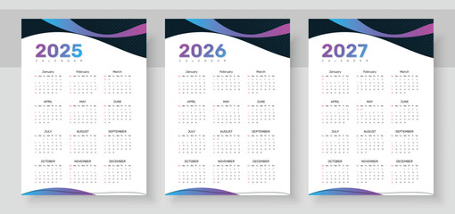 2025, 2026 and 2027 calendar set. The week starts on Sunday. Simple calender layout. Yearly diary. Stationery template with 12 months, Organizer in English. Pocket or wall formats.