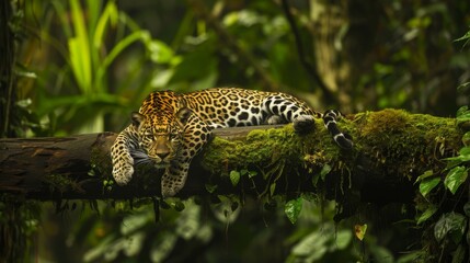 Wall Mural - Leopard relax in the rain forest on the timber with moss