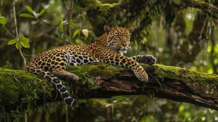 Wall Mural - Leopard relax in the rain forest on the timber with moss